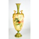 A Royal Worcester vase painted with flowers and thistles, on blush ivory and green ground, with
