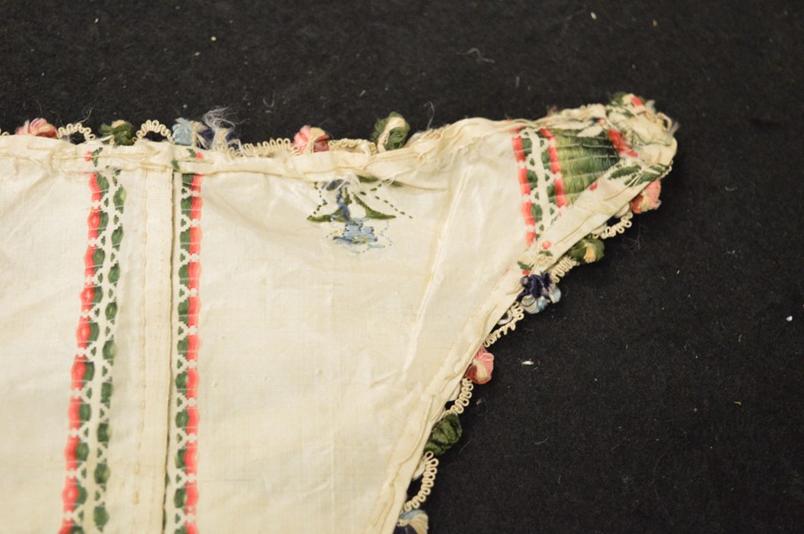 Two 19th century embroidery samples on silk, one of corset form embroidered with flowers and - Image 3 of 11