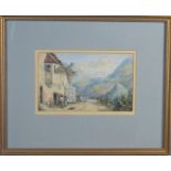 A Victorian watercolour, unsigned, cottages in mountain landscape with cattle and figures to the