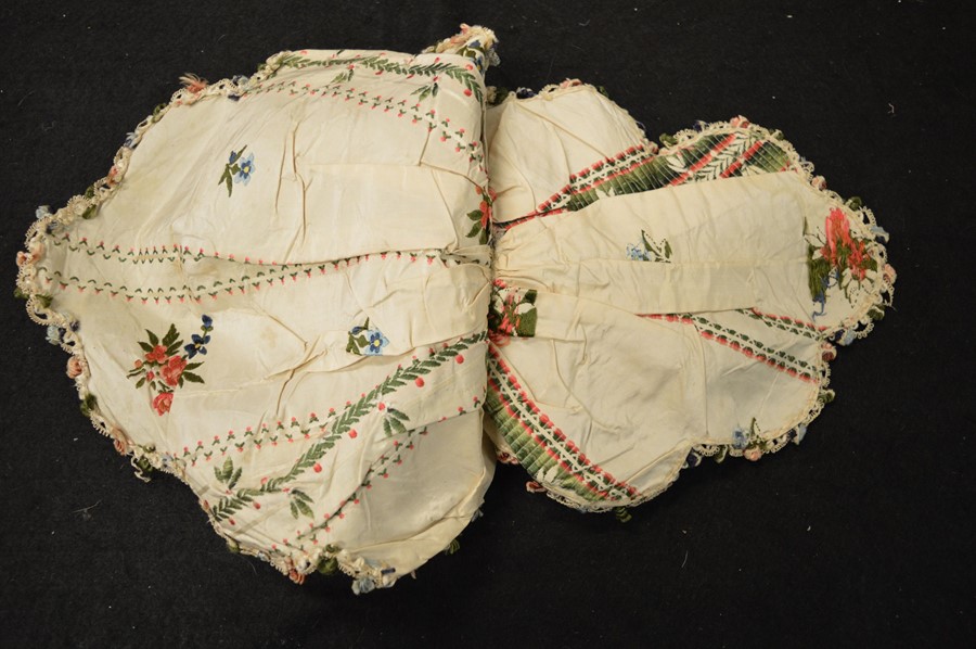 Two 19th century embroidery samples on silk, one of corset form embroidered with flowers and - Image 6 of 11