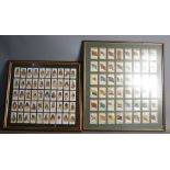 Two sets of framed cigarette cards, one displaying world flags, the other red Indians.