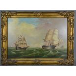 A 19th century oil on canvas depicting battleships in rough seas, unsigned, 34cm by 49cm