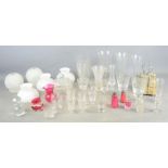 A group of glassware to include crystal glass vases, pair of engraved crystal rummers, silver plated