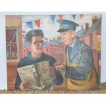 An early 20th century unsigned oil on canvas, depicting VE Day, with postman and gentleman reading