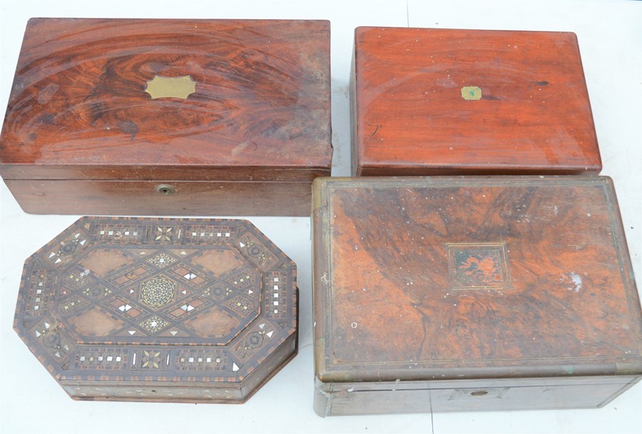 Two 19th century writing slops, a marquetry and mother of pearl inlaid box etc, a/f