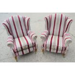 Two wingback armchairs in striped upholstery, 99cm high by 99cm high by 74cm wide by 78cm