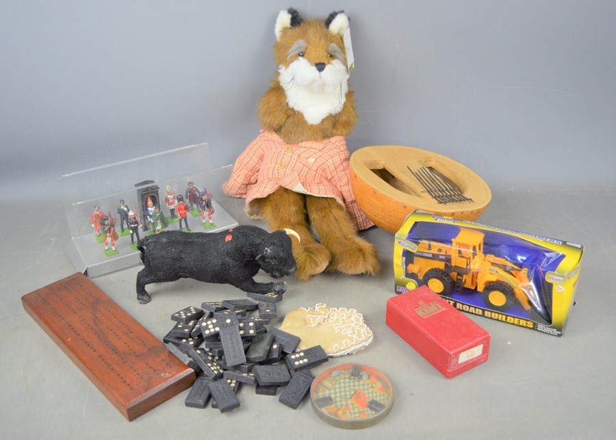 Vintage W Britain, the London scene toy soldiers together with a Dora designs bear, dominoes,