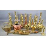 A quantity of brassware to include candle sticks, pestle and mortar, kettle etc