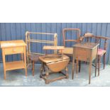 A group of furniture to include an Edwardian corner chair, tables, pine towel rail, stools etc