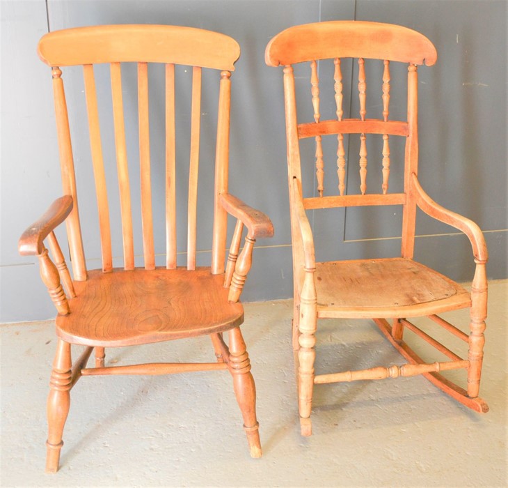 A 19th century elm slat back Windsor chair together with a pine rocking chair, height of both chairs