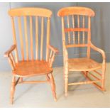 A 19th century elm slat back Windsor chair together with a pine rocking chair, height of both chairs