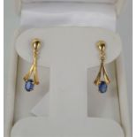 A pair of 9ct gold and sapphire drop earrings, 1.7g