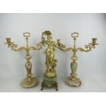 A pair of agate and gilt metal candelabra together with a female gilt metal sculpture raised on