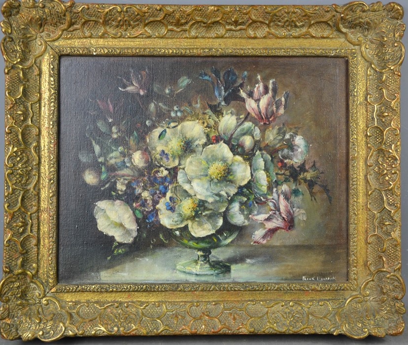 Frank Limbrick (20th century): still life of flowers in a vase, oil on canvas, 32 by 40cm.