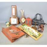 A group of collectibles to include a barometer, leather case, lantern etc