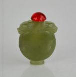 A Chinese vintage natural heitian green jade hand carved snuff bottle with red jade stopper.