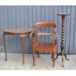 A drop leaf mahogany side table, demi lune table and two chairs and a candle stand.