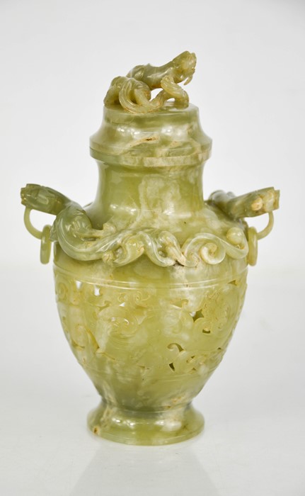 A Qing Dynasty Hetian green jade censer with hanging ring handles and cover. - Image 3 of 3