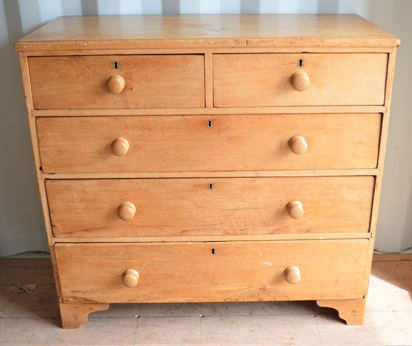 A Victorian pine chest of drawers raised on bracket feet, 106cm wide by 37cm depth by 99cm high