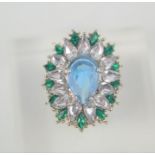 A large blue, white and green flower Art Deco style ring, size L, 7g