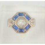 A large blue hexagon Art Deco dress ring, size L, 6.42g