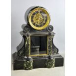 A large 19th century slate and marble mantle clock with black and gilt metal chapter ring