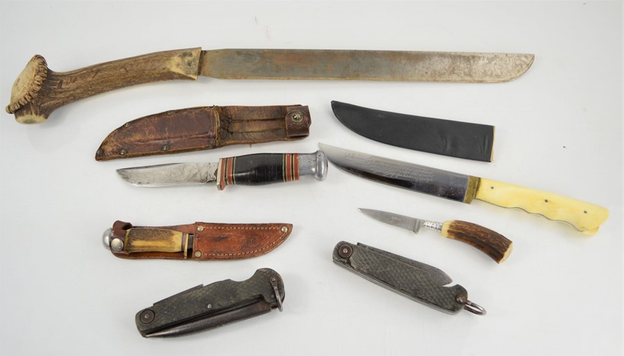 A group of vintage penknives and hunting / butchers knives, various makers to include Wade and