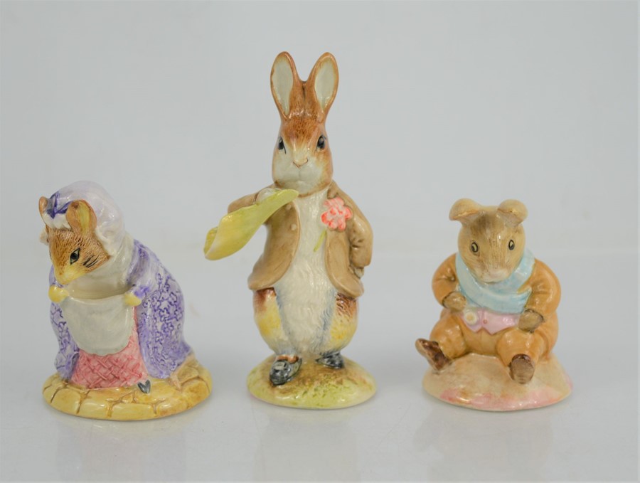 Three Royal Albert Beatrix Potter figures "Lady Mouse made a Curtsey" "Old Mr Bouncer" and "Benjamin