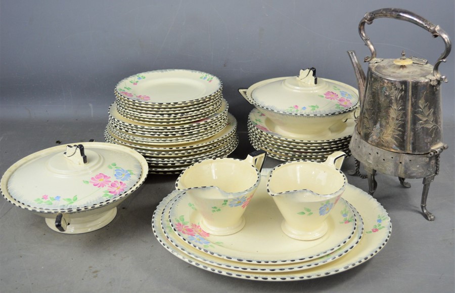 A Burleighware dinner service, and silver plated teapot on stand with burner.