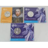 Three Royal Mint £50 uncirculated silver coins to include William Shakespeare and Britannia,