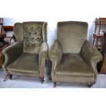 Two grey velour upholstered Edwardian armchairs.