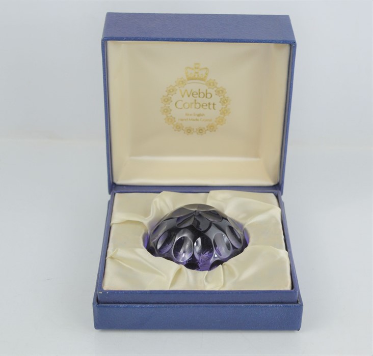 A Webb Corbett amethyst facet cut paperweight in original box