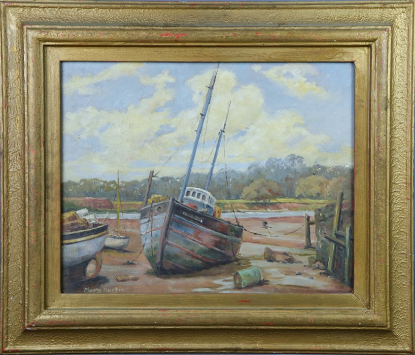 Mary Martin (20th century): fishing boats in the sand, oil on board, 39 by 48cm.