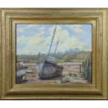 Mary Martin (20th century): fishing boats in the sand, oil on board, 39 by 48cm.