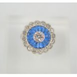 A large blue daisy Art Deco dress ring, size J 1/2, 5.95g