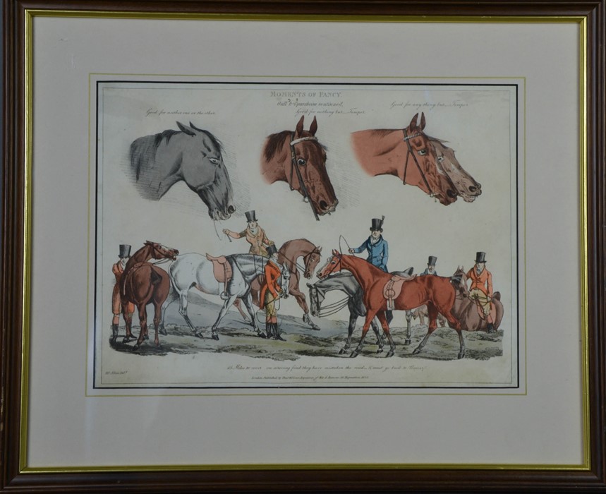 A 19th century hand coloured comical hunting scene titled Moments of Fancy, published by Thomas Mc