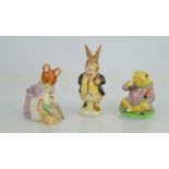 Three Beswick Beatrix Potter figures "Hunca Munca Sweeping" "Mr Benjamin Bunny" and "Mr Jeremy