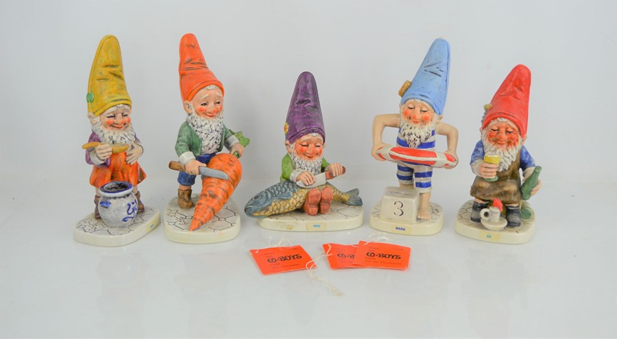 A group of five Goebel figurines to include Ed the Wine Cellar Steward, Mark the Swimmer, Robby