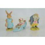 Three Beswick Beatrix Potter figures "The Old Woman who live in a Shoe" "Tommy Brock" and "Mrs