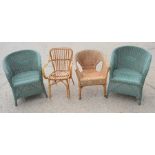 Two green Lloyd Loom style wicker chairs together with two further wicker examples