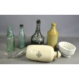 A group of Victorian glass and pottery to include jelly mould, hot water bottle, feeder and other