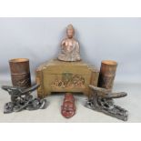 A group of Chinese collectibles to include two bamboo brush pots, a terracotta Buddha, camphor box
