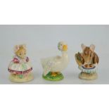 Three Beswick Beatrix Potter figures "The old Woman who lived in a Shoe Knitting" "Appley Dapply"