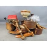 A quantity of treen and collectibles including a Raybone and Sons spirit level, shoe stretchers,