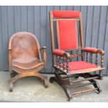 An Edwardian rocking chair upholstered in red velour, and a short leather clad chair.