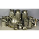 Three 19th century pewter milk canisters, together with other pewter items.