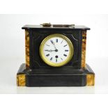 A Victorian slate and marble mantle clock with Roman numeral dial, with key and pendulum, 20cm high