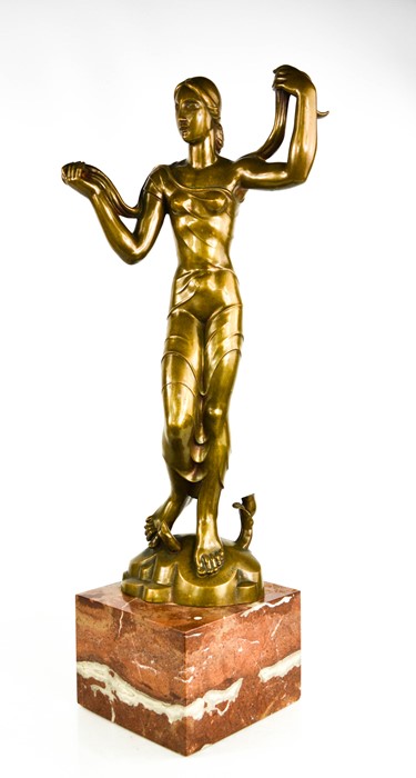 Jaroslaw Horecj (1886-1983): Art deco bronze figure raised on a red marble base, signed beneath - Image 2 of 5