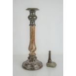 A Cornish Serpentine stone table lamp base, 40cms tall, together with a lighthouse desk weight, a/f