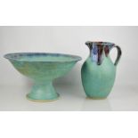 A Studio pottery jug and fruit bowl by Amberley Pottery, the jug 26cm high.
